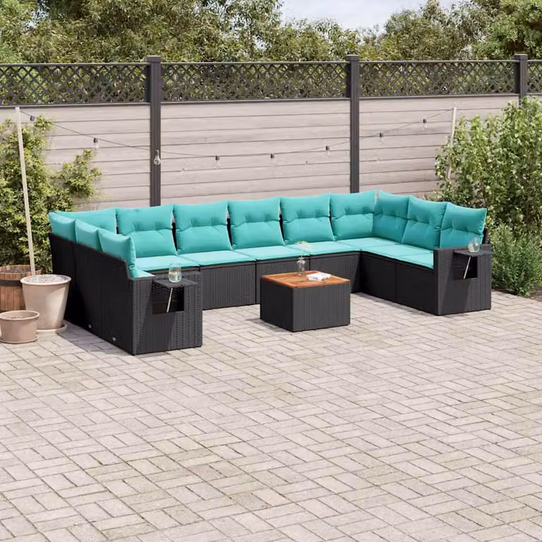 Set di divani da giardino vidaXL in polyrattan nero con 11 pezzi, compresi cuscini e tavolino da esterno, design moderno a forma di L per terrazzo o balcone