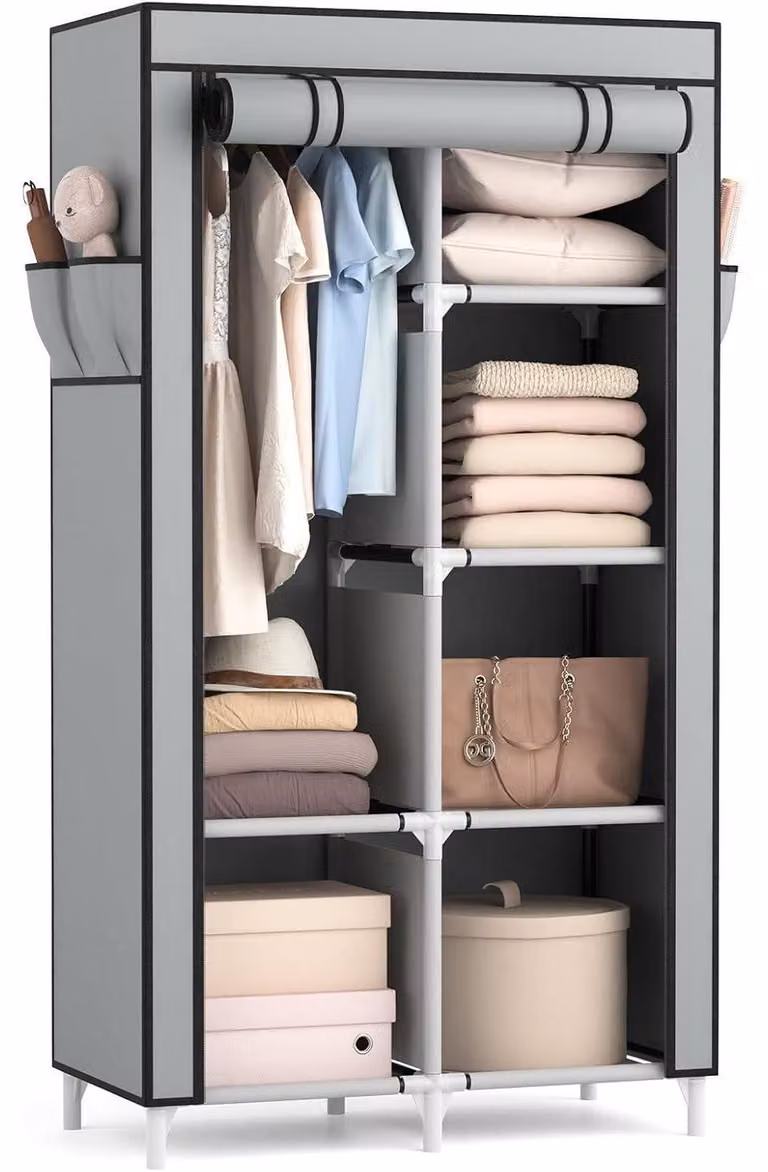 Armadio imbottito con asta appendiabiti, 6 ripiani, 4 tasche laterali, dimensioni 84x42x162 cm, colore nero/grigio