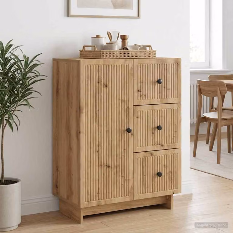 Credenza moderna vidaXL in legno e metallo color rovere, L: 66 cm, P: 34,5 cm, H: 90 cm