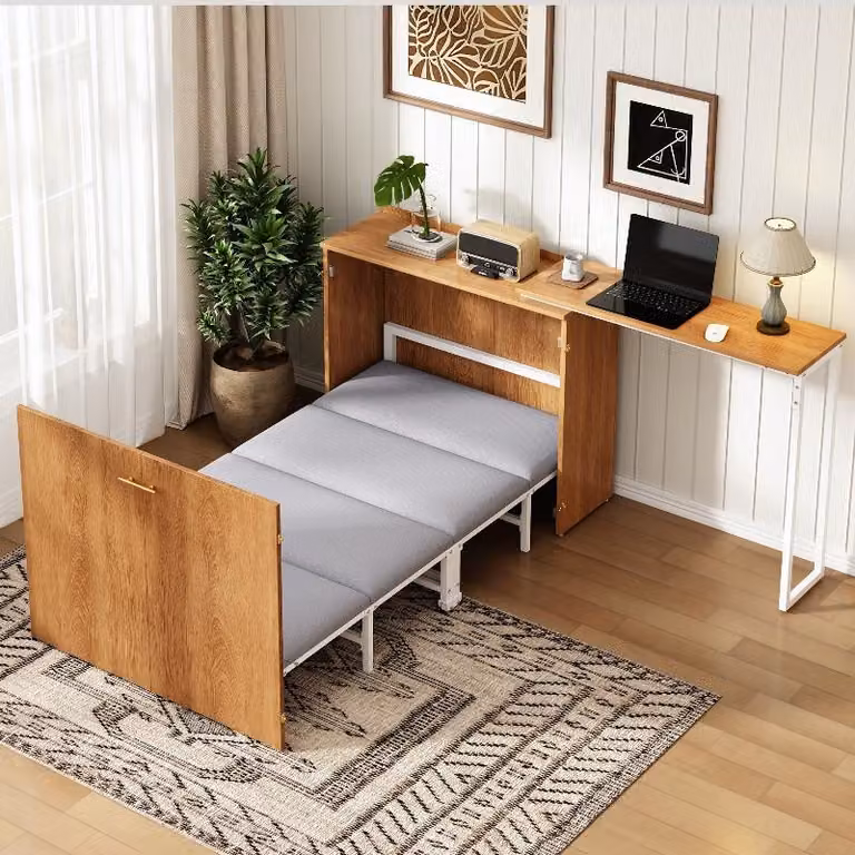 Letto pieghevole 90x200 cm con materasso, letto pieghevole con scrivania girevole e ruote, letto a scomparsa in metallo e legno per piccoli spazi