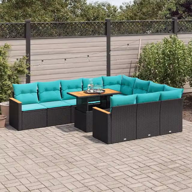 Set di Divani da Giardino vidaXL a Forma di U composto da 11 Pezzi con Cuscini in Polyrattan e Tavolino, Colore Nero, Blu e Turchese – 1