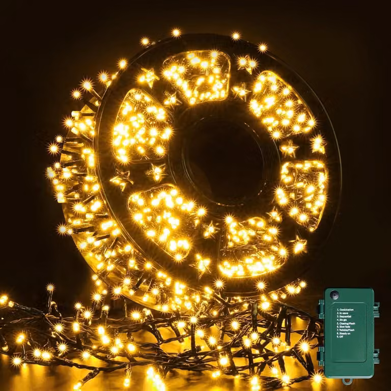 Catena luminosa con 1000 LED, lunghezza 50 metri, luce bianco caldo, impermeabile, alimentata a batteria