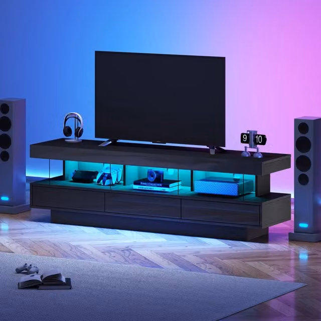 Mobile Porta TV Nero Lucido 160 cm con 3 Ripiani in Vetro e Luci LED App Control per TV fino a 70 Pollici