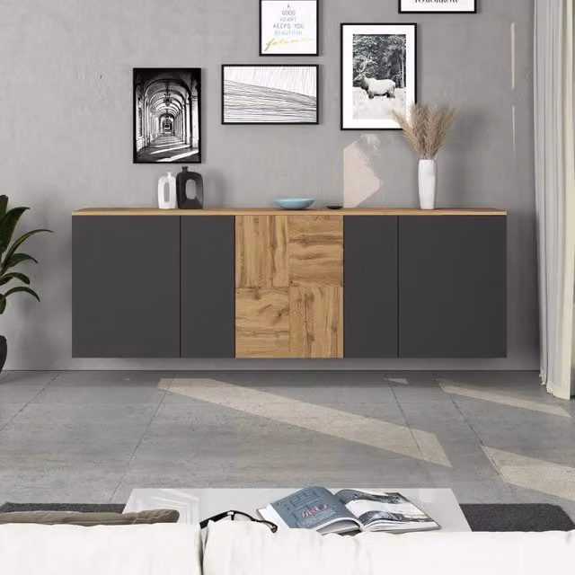 WHOUS Credenza sospesa Iseo con 5 ante e 10 scomparti interni antracite opaco e rovere 200x35x70 cm
