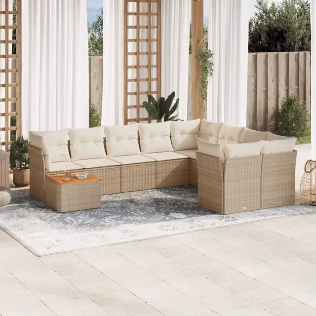 Set Divano da Giardino a L vidaXL in Polyrattan con Cuscini Beige e Tavolino da Esterno