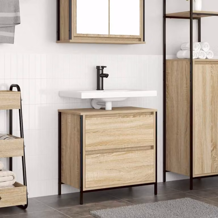 Lavabo da Bagno Mobile con Cassetti vidaXL in Rovere Sonoma Marrone L: 60 cm, P: 34,5 cm, H: 60 cm