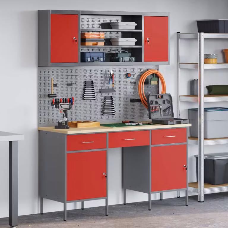 vidaXL Carrello da lavoro mobile con cassetto 7 pezzi in acciaio e legno, Rosso e Grigio
