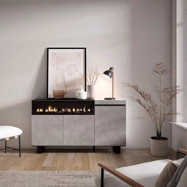 Credenza, Mobile, 150x35x87cm, 3 Porte, Camino elettrico, Design industriale, grigio cemento RF2494