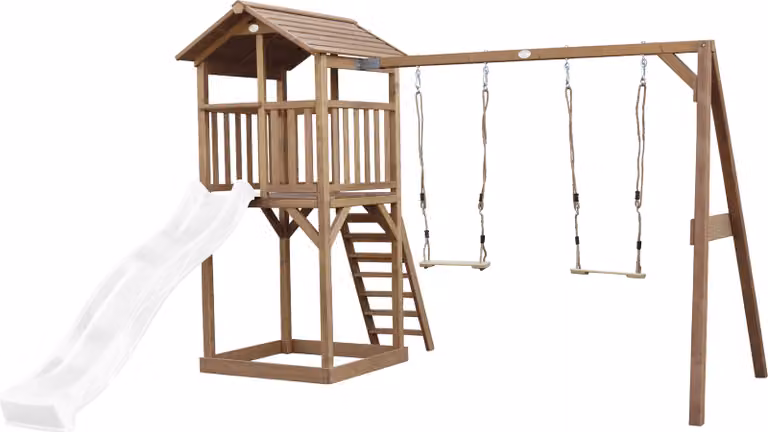 AXI Beach Tower parco giochi in legno in marrone | Torre di gioco con sabbiera, doppia altalena e scivolo bianco | Casa per bambini su palafitte per il giardino