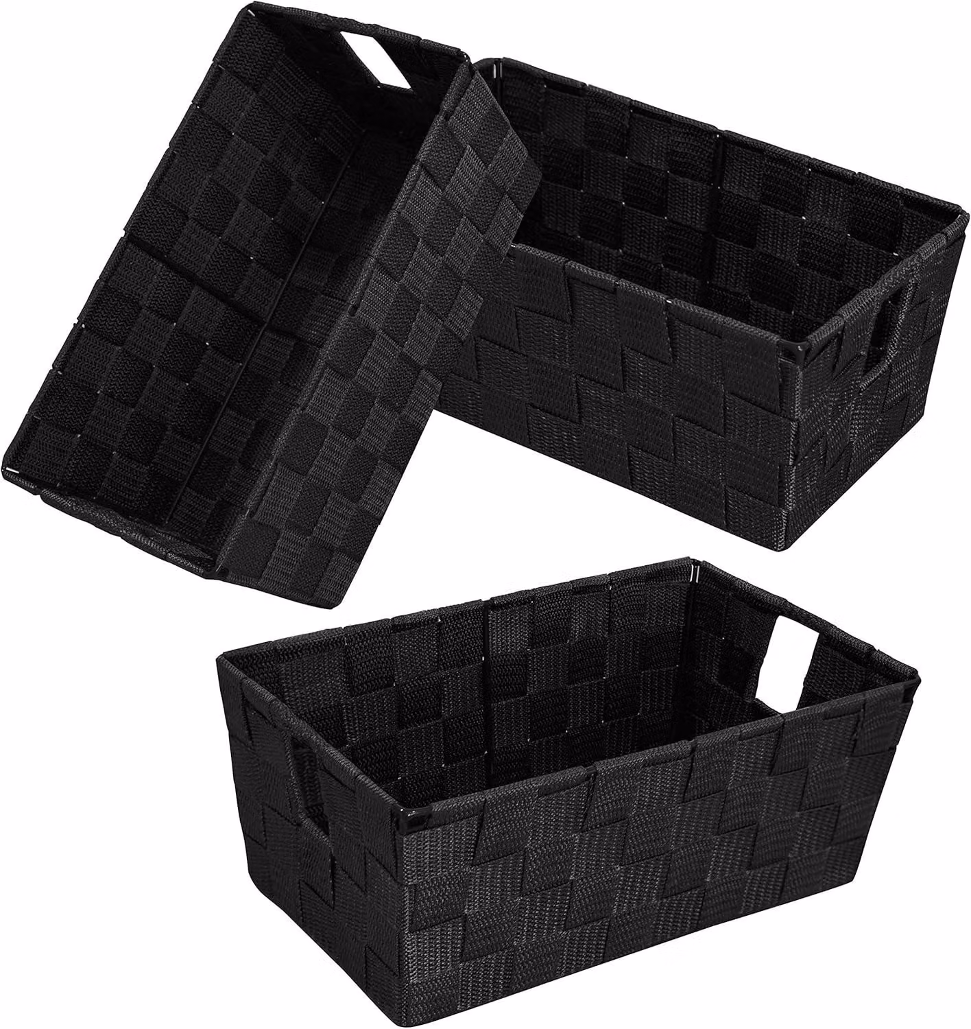 Cesti portaoggetti con maniglie, confezione da 3, colore nero, dimensioni 29 x 16,5 cm, ideali per la camera da letto