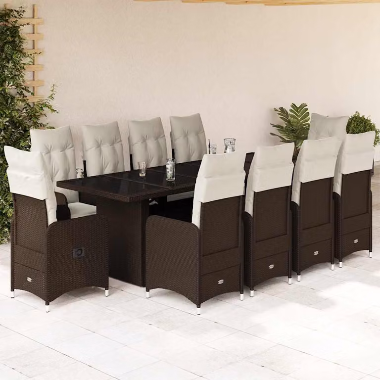 Set Bistrò da Giardino e Balcone vidaXL 11 pz in Polyrattan Marrone con Cuscini Bianchi e Tavolo in Vetro