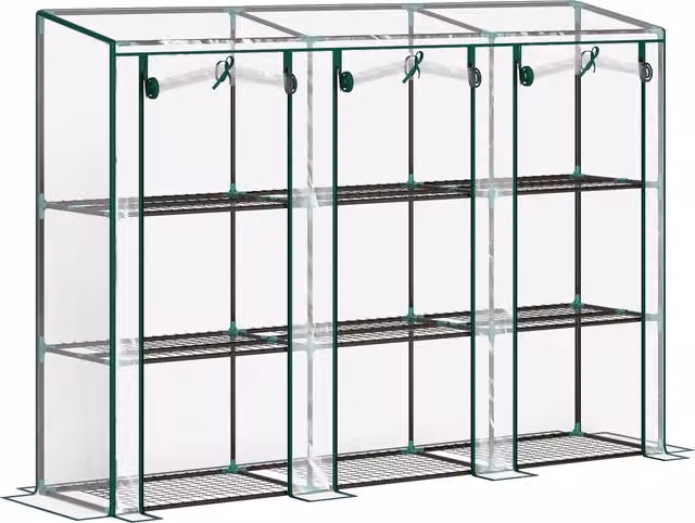 Outsunny Serra da giardino con ripiani a 3 livelli e 3 porte con zip, verde, L/P/H: 215 x 46 x 151 cm