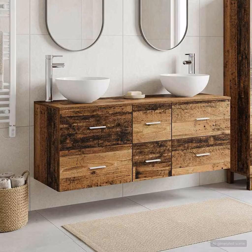Set di mobili da bagno moderno vidaXL in legno e metallo marrone, composto da 3 pezzi con vanità e pensili a muro, L/P/H: 49,5 x 41 x 64,5 cm