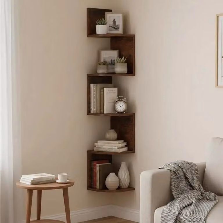 Mensola angolare a 5 ripiani, sospesa, per libri, da montare a parete, organizer, color marrone rustico