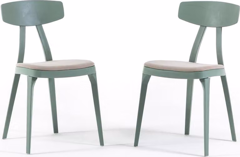 Set di 2 sedie da interno in resina con cuscino imbottito e gambe con piedini antiscivolo - design moderno e pratico per cucina, sala da pranzo, bar e ristorante - Tamara - Crema/Verde salvia