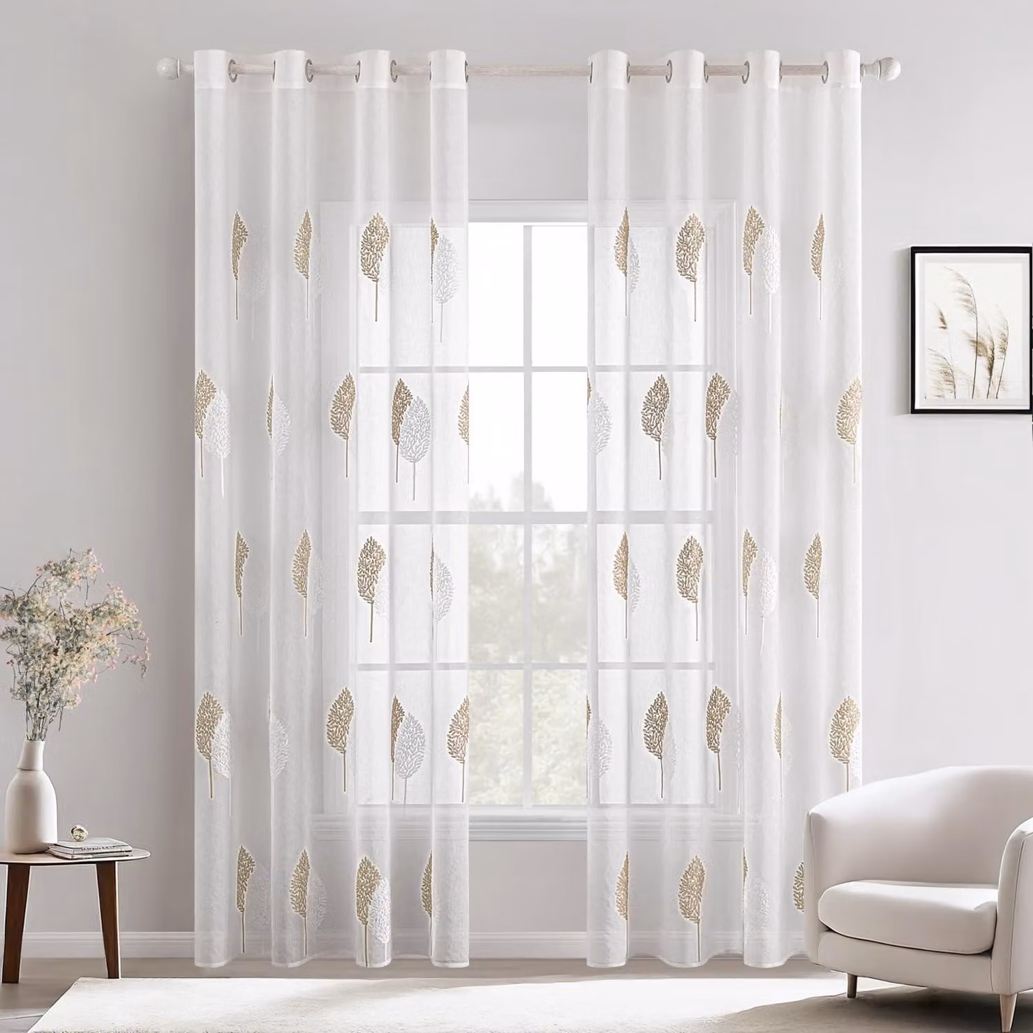 Omgoods - Tende trasparenti con motivo a foglie - Set di 2, 245x140 cm
