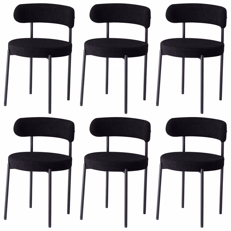 Sedie da pranzo in stile scandinavo - Set da 6 - Velluto Teddy - Imbottite - Gambe in metallo - Design moderno - Per cucina e sala da pranzo - Nero