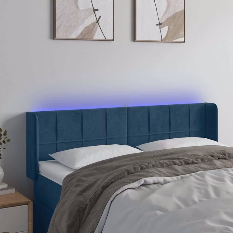 Testiera per letto vidaXL in velluto blu scuro con illuminazione LED e porta di ricarica USB, L 147 cm x P 16 cm x H 78/88 cm