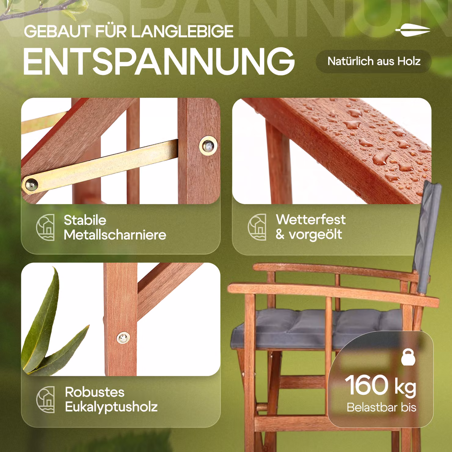 Sedia da regista Casaria Premium antracite in legno di eucalipto certificato FSC con seduta imbottita L 56,5 cm x P 54,0 cm x H 89,0 cm – 2