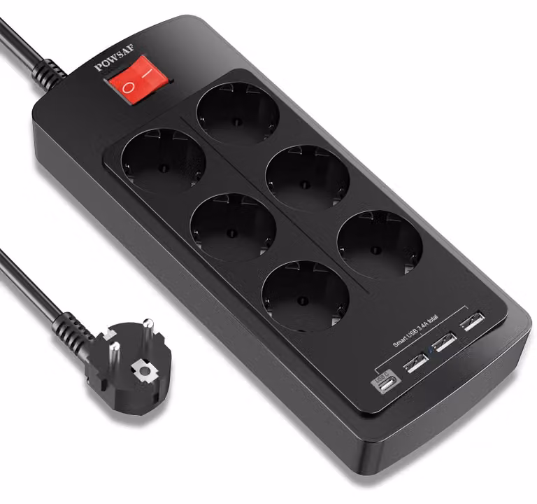Ciabatta multipresa POWSAF con presa USB-C, 6 prese, 3 porte USB-A e