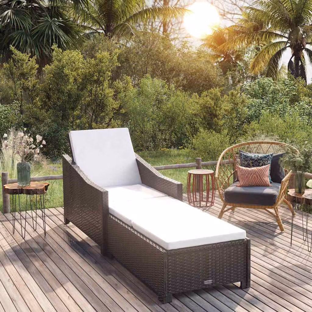 vidaXL Lettino Prendisole in Polyrattan Nero con Cuscino Bianco Crema e Poggiatesta Regolabile