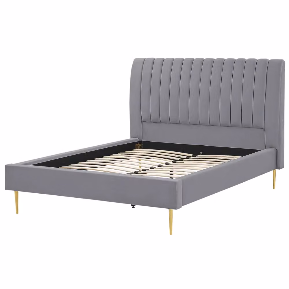 Letto imbottito Beliani in velluto grigio e oro con testiera alta e rete a doghe in legno L/P/H: 140 x 200 x 124 cm – 2