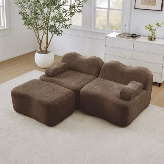 Divano Angolare Modulare 2 Posti con Ottoman ¨C MINIMAL ¨C Tessuto Marrone, Braccioli Mobili
