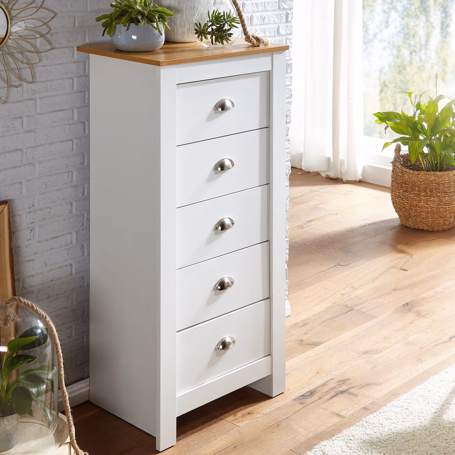 FineBuy credenza con 5 cassetti 53x114x39 cm cassettiera bianco/rovere design moderno credenza alta cassettiera stretta soggiorno