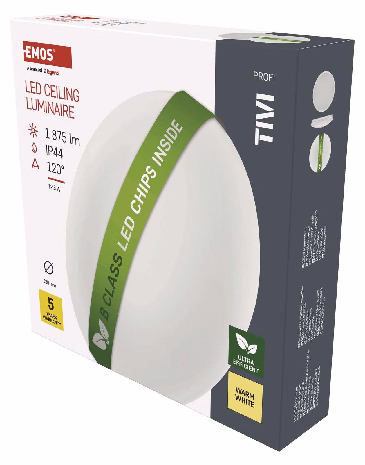 EMOS Plafoniera LED TIVI 12,5W, impermeabile, per interni, bianca, rotonda, 38cm, 1875lm, al posto della lampadina da 130W, bianco caldo 3000K, classe di efficienza B