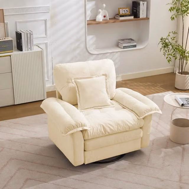 Poltrona girevole 360° oversize in ciniglia beige con cuscino di supporto HOMVRA