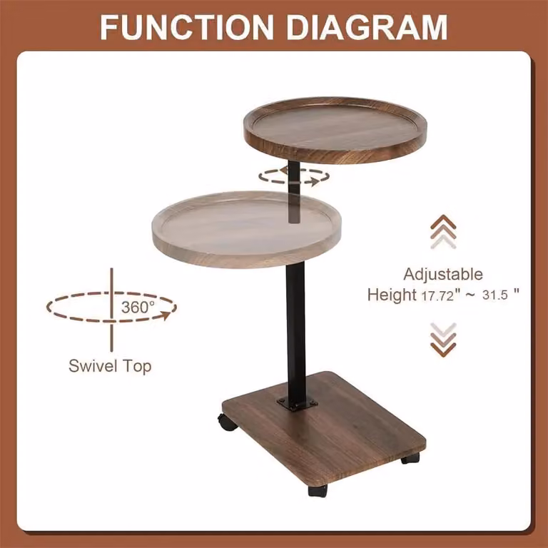 Tavolino a forma di C - Tavolino regolabile in altezza da 45 a 80 cm - Rotazione a 360° - Forma circolare - Con ruote - Colore marrone