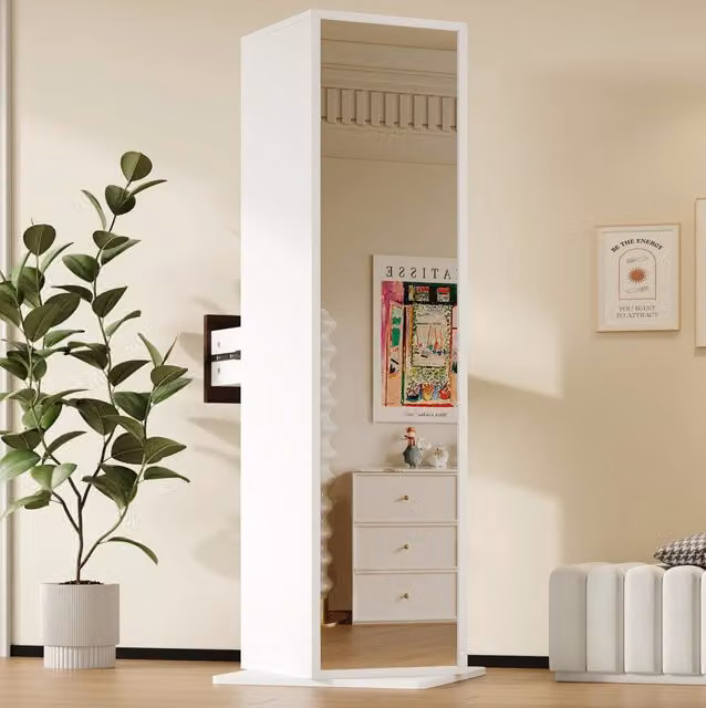 Mobile girevole ULEVR 45x45x168 cm con specchio a figura intera, 4 vani aperti e cassetto, bianco