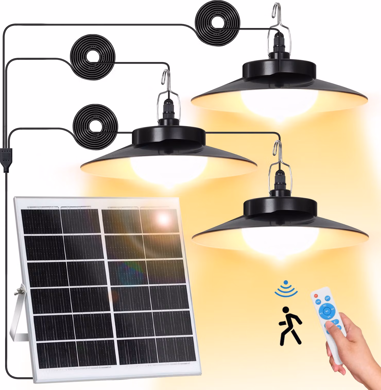 Lampada a sospensione solare a 3 luci per interni ed esterni, 1200 lm, con sensore di movimento, IP65 impermeabile, modalità giorno e notte, telecomando, batteria da 16000 mAh, lampada solare per giardino, capanno, garage, campeggio, cavo da 5 m, luce bia