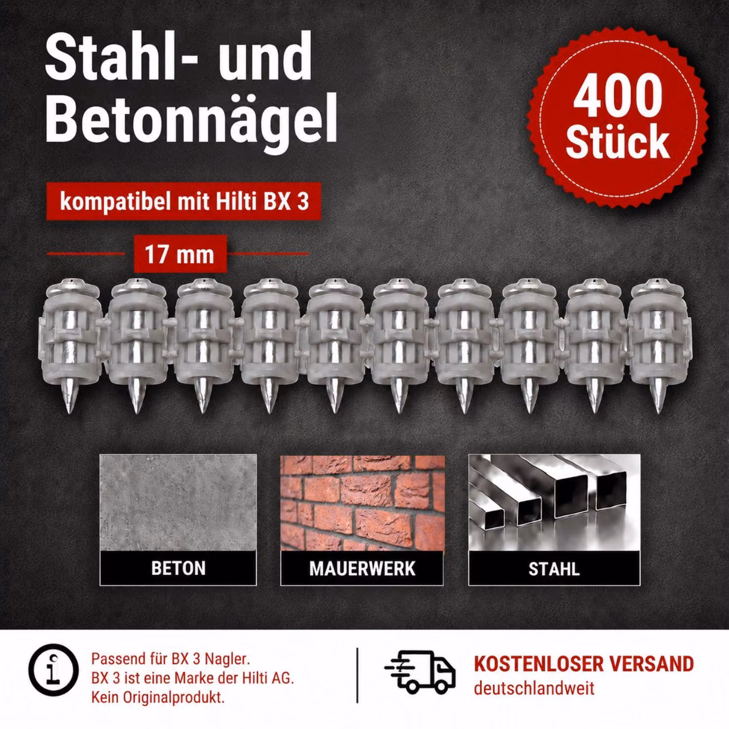 Chiodi in acciaio e cemento da 17 mm, confezione da 400 pezzi, compatibili con il sistema di fissaggio per muratura Hilti BX 3