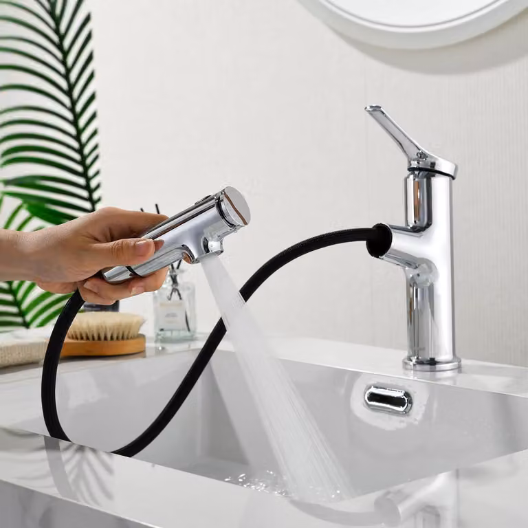 Miscelatore per lavabo estraibile, con 3 tipi di getto, in cromo e acciaio inossidabile