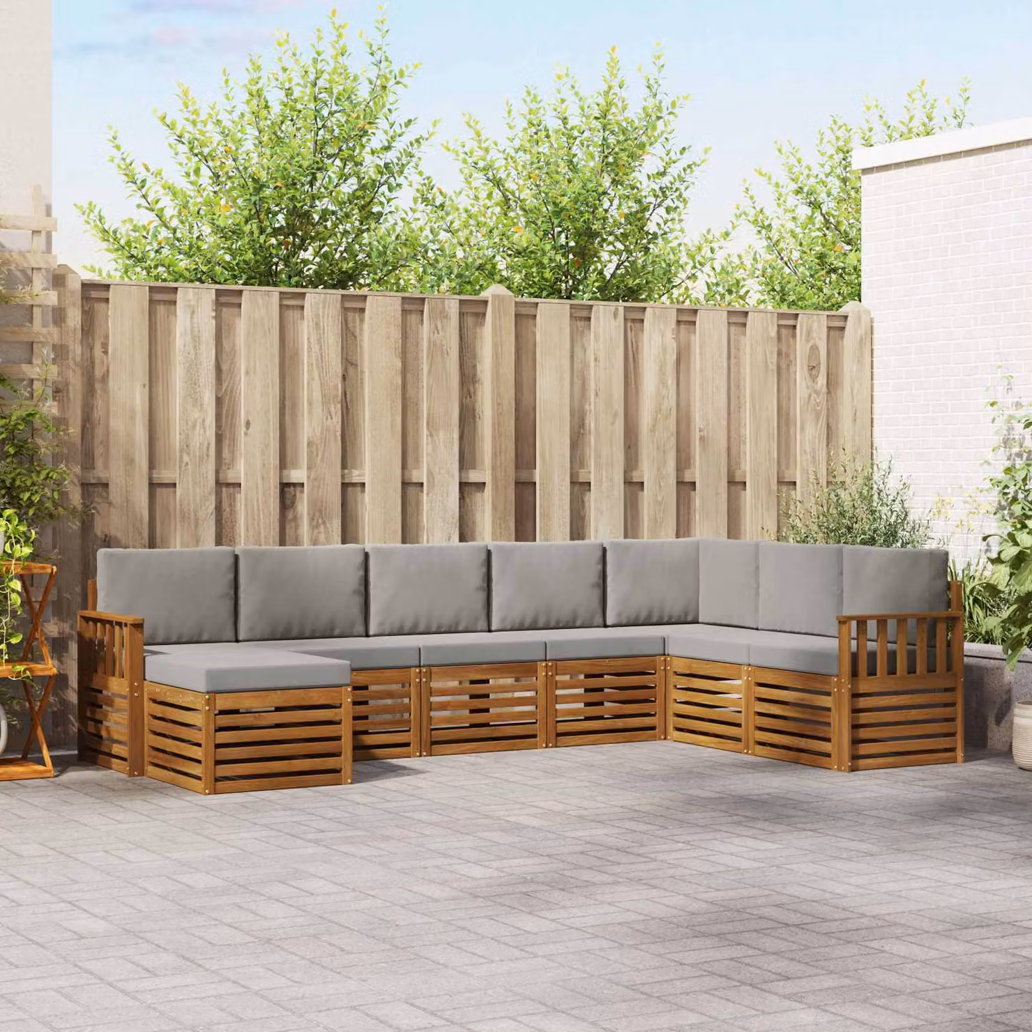 Set di divani da esterno vidaXL 8 pz in legno di acacia con cuscini, forma a L, beige e grigio