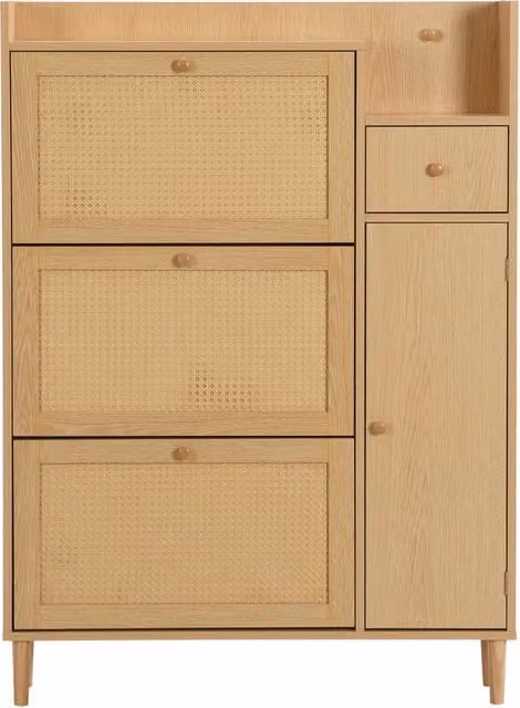 Scarpiera in MDF e legno massello con 3 ante ribaltabili e 1 cassetto, gambe e maniglie in legno, naturale, 90x125x17 cm