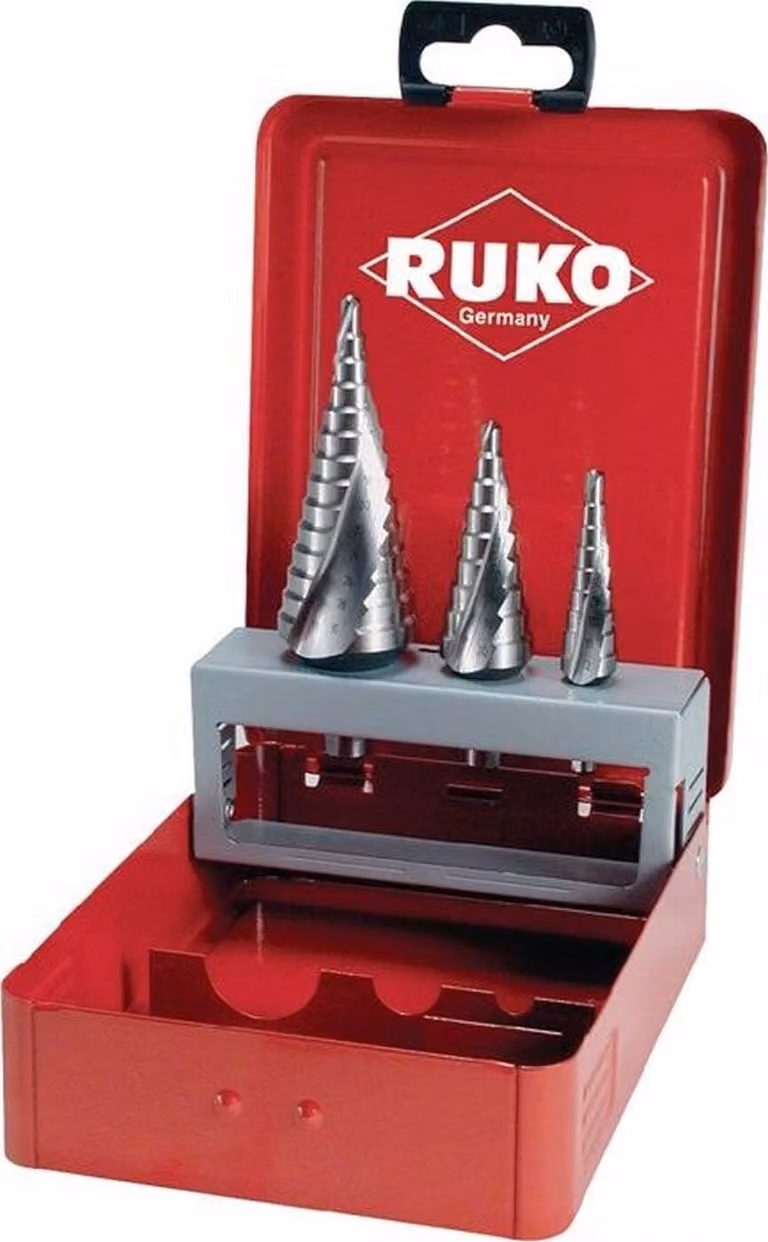 RUKO 101026 Set di punte da trapano a tazza in HSS, 3 pezzi, confezionate in una custodia in acciaio
