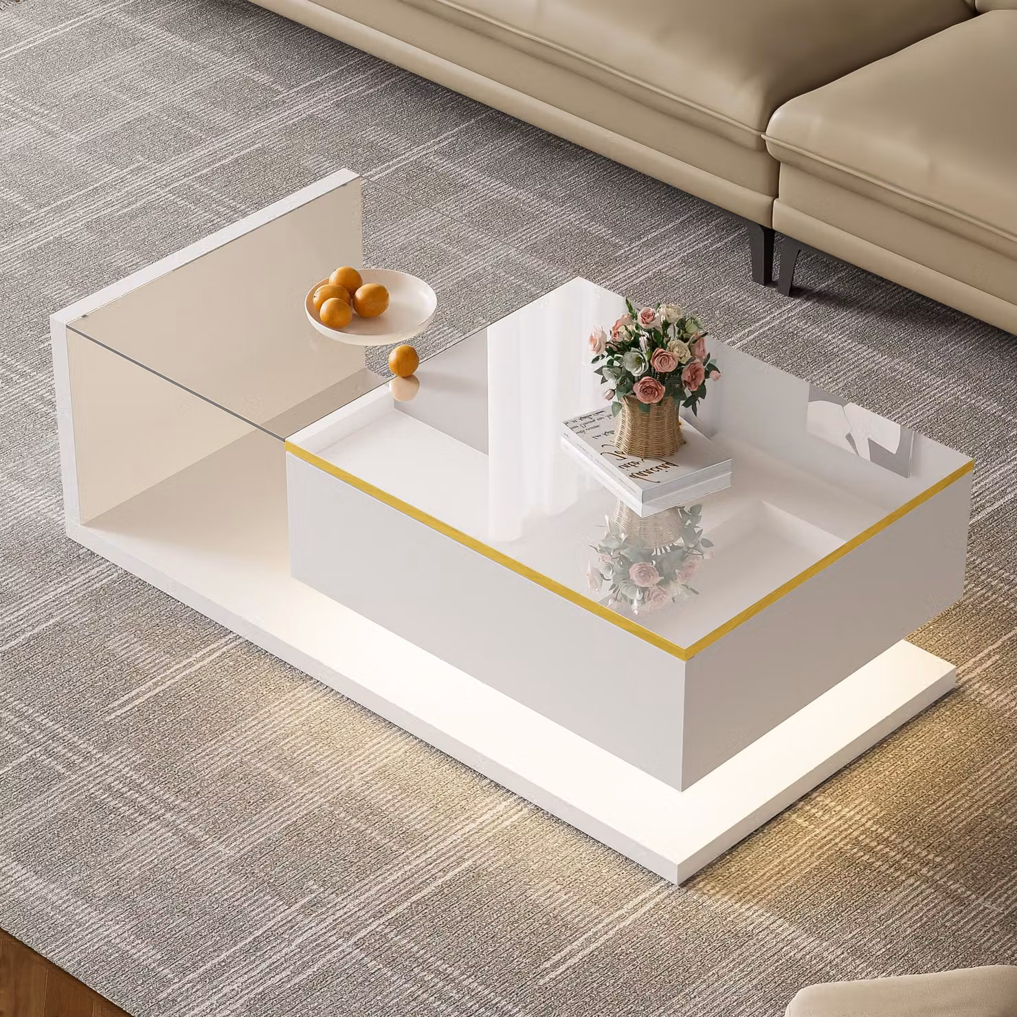 Tavolino Merax 100x50x32,5 cm, tavolino a LED con piano in vetro, tavolino da salotto con vano portaoggetti e luce Bluetooth, bianco lucido