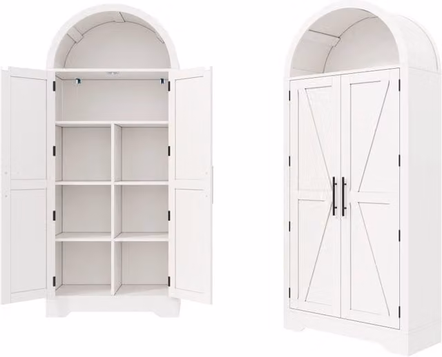 Vetrina alta in MDF bianco con ante in vetro e vano aperto, stile rustico moderno per cucina, soggiorno o ufficio, H: 170 cm, L: 70 cm, P: 35 cm – 1