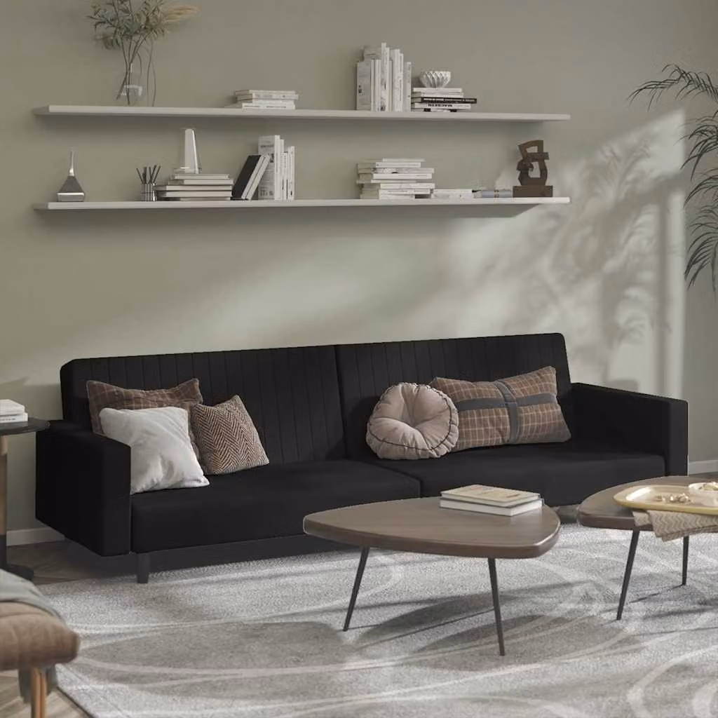 vidaXL Divano Letto Click-Clack 2 Posti in Velluto Nero con Struttura in Legno Solido e Poggiatesta Regolabile, Dimensioni: 220 x 100 x 69 cm