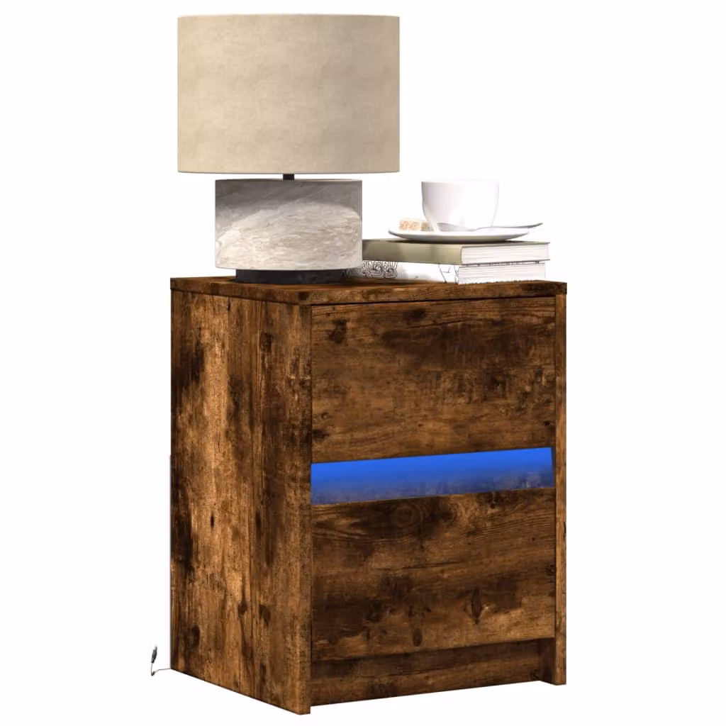 Comodino sospeso vidaXL con luci LED in legno Rovere Fumo, design moderno per camera da letto o soggiorno, L: 50 cm, P: 34 cm, H: 38 cm