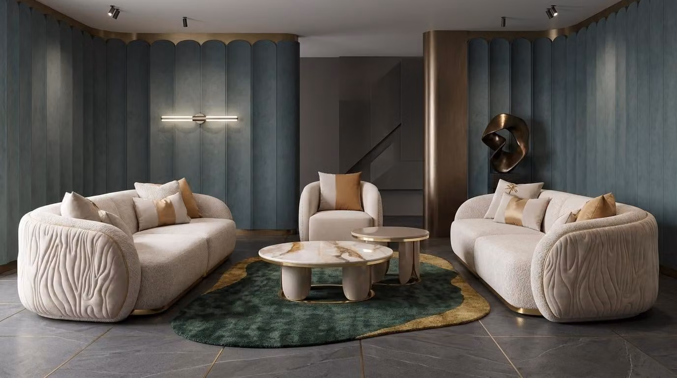 Set composto da 2 divani a 3 posti color beige, poltrona e tavolino dal design moderno