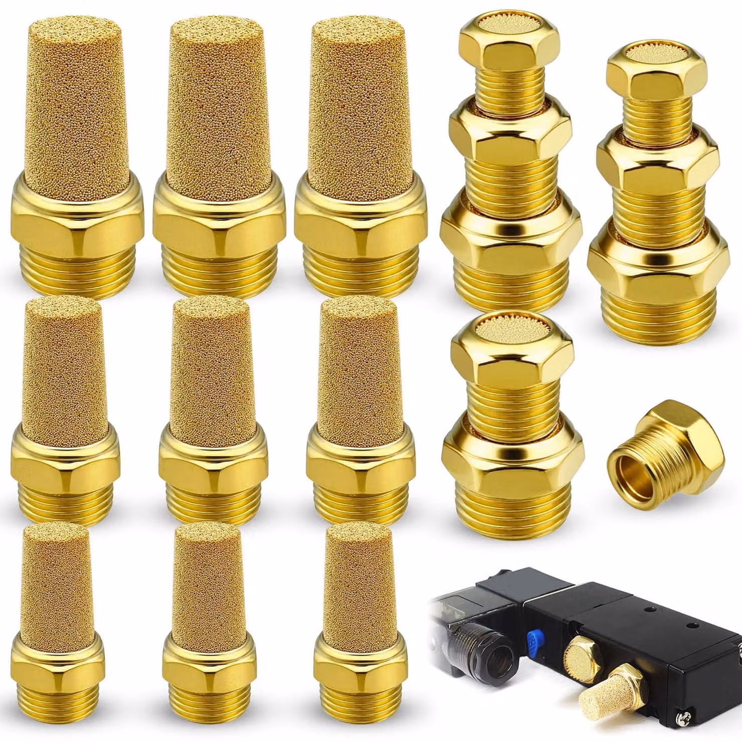 18 silenziatori pneumatici in ottone, con filettatura esterna da 1/4, 1/8 e 3/8 di pollice