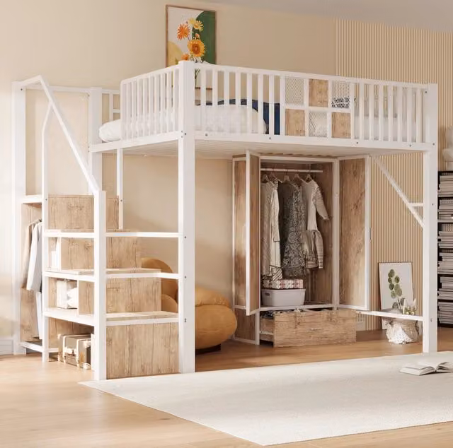 Letto a soppalco 140×200 cm bianco con armadio, scala contenitore e cassetto