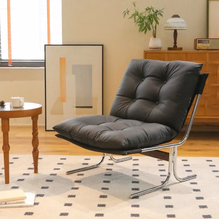 Poltrona lounge LVHOM in stile Barcelona, poltrona relax con finiture cromate, poltrona imbottita in ecopelle, cuscino rimovibile, poltrona da lettura per soggiorno e balcone