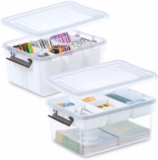 Contenitore trasparente in plastica Ibenzoa® da 16 litri con coperchio, inserto removibile e 6 inserti, scomparti regolabili, chiusura sicura, realizzato in PP5