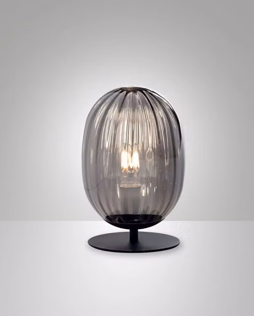 Infinity Lampada da Tavolo Fabas in Metallo e Vetro Soffiato Grigio, Design Moderno con Attacco E27, H: 28 cm, L: 18 cm, P: 18 cm