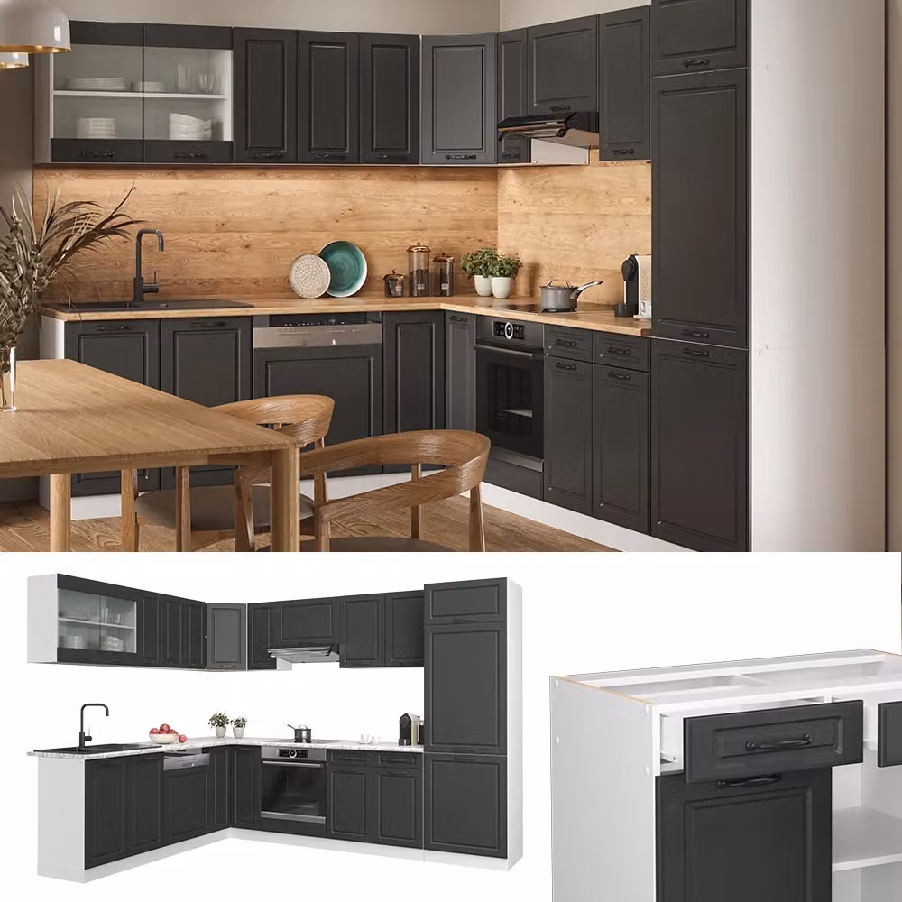 Cucina angolare completa R-Line Vicco in stile rustico, colore Antracite e Bianco, L: 287 cm, P: 227 cm (senza piano di lavoro) – 2