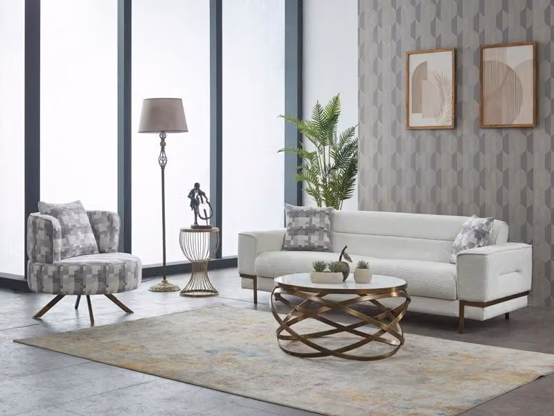 Komplette Couchgarnitur Dreisitzer Stoff Polstersofa Weiß Sessel 2tlg